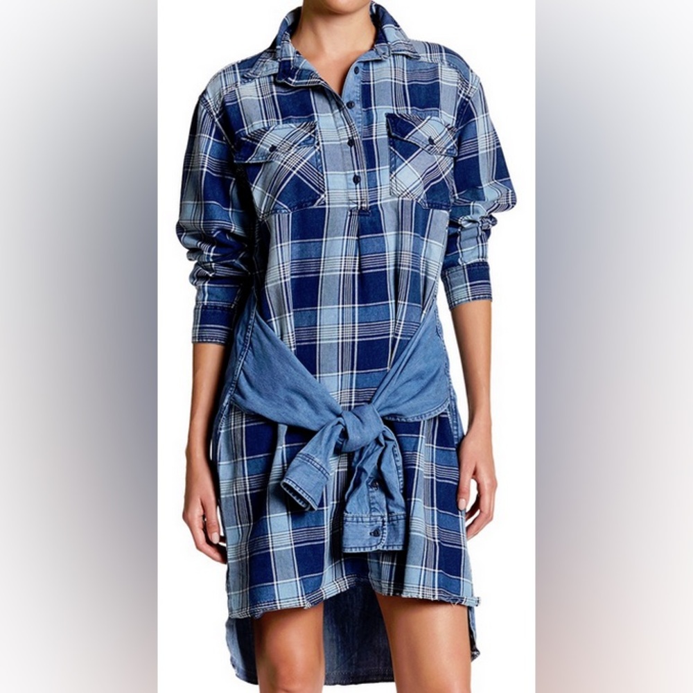 Current/Elliott Denim Blue Flannel Long Sleeve Cuffed Shirt Dress 0 XS S